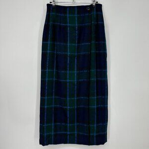 Pendleton Plaid Wool Maxi Wrap Skirt 8 Embossed Paisley Blackwatch Blue Green